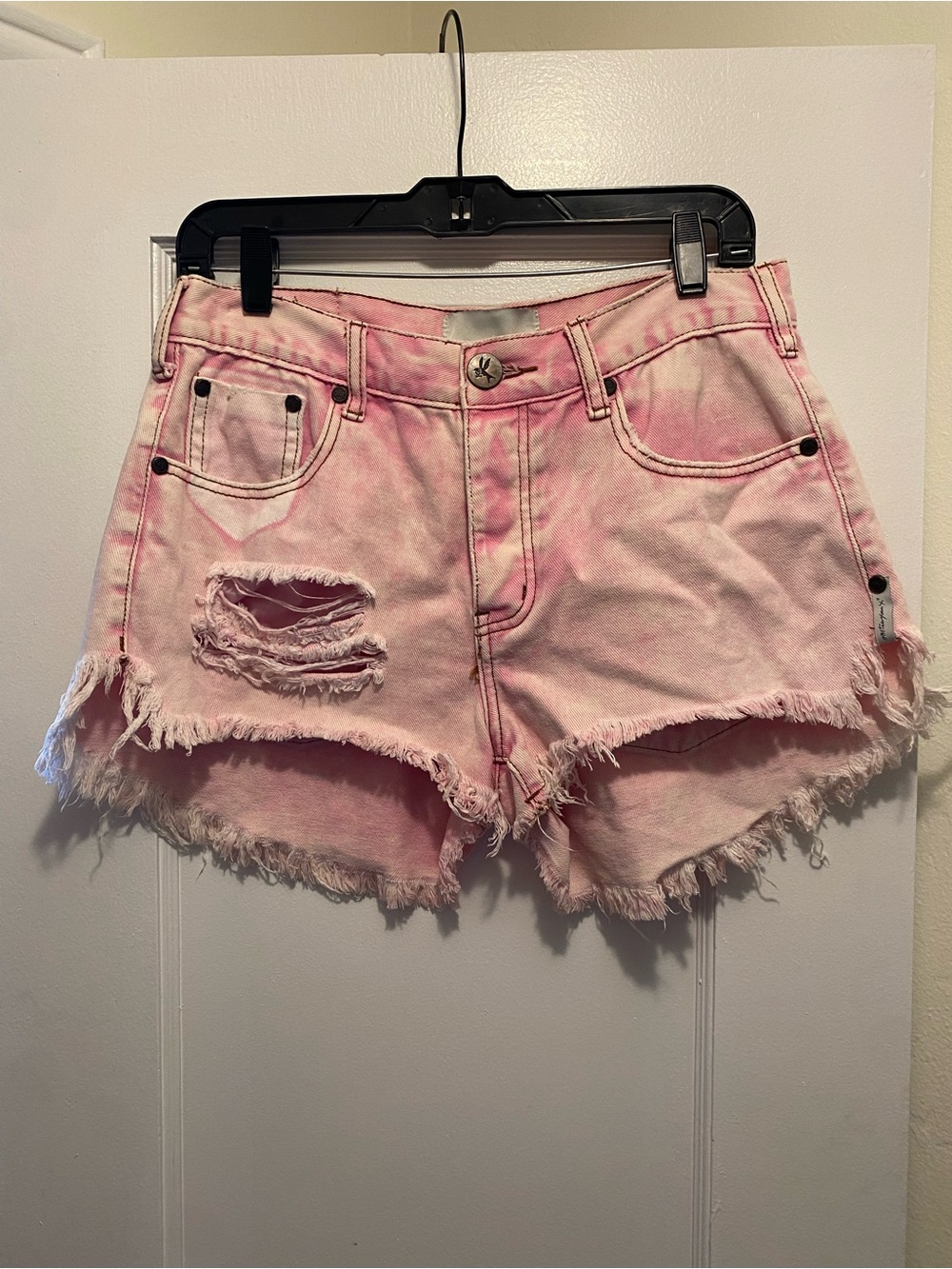 Washed Pink Distressed High-Rise Denim Shorts